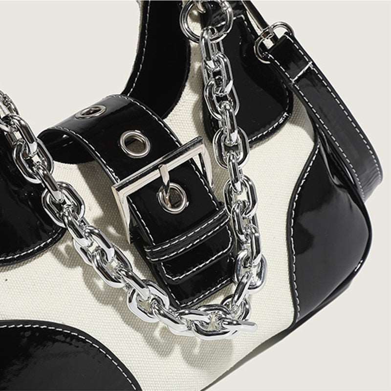 Canvas Leather Chain Crossbody Tote Bag