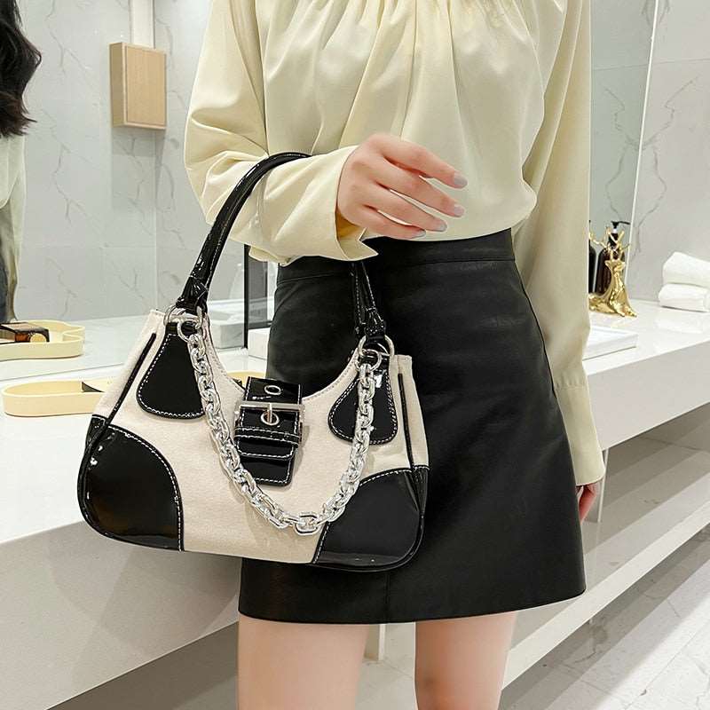 Canvas Leather Chain Crossbody Tote Bag