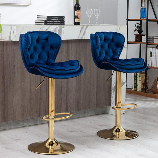 Velvet Bar Stools Set of 2 Counter Height with Back Support - Navy Blue