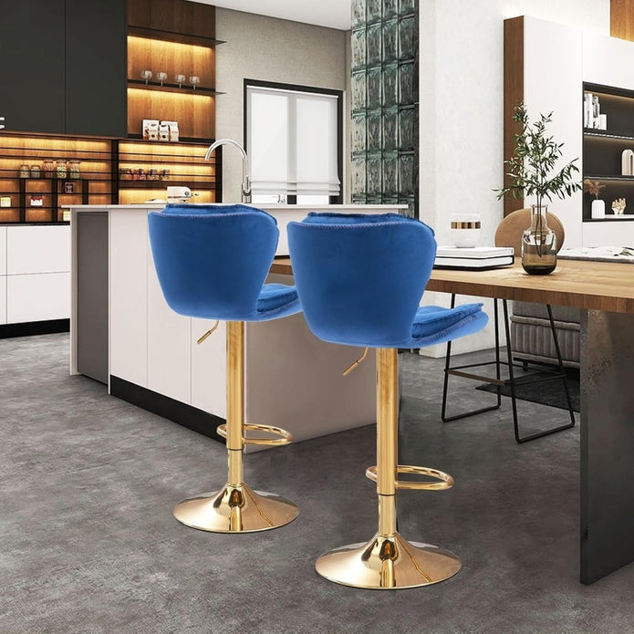 Velvet Bar Stools Set of 2 Counter Height with Back Support - Navy Blue