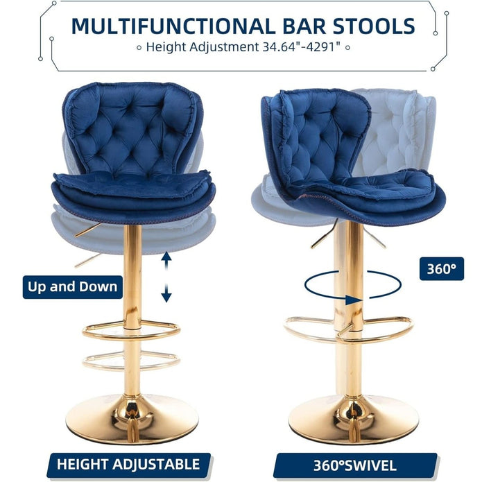 Velvet Bar Stools Set of 2 Counter Height with Back Support - Navy Blue