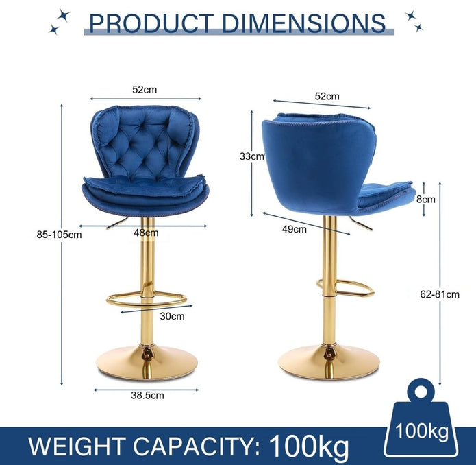 Velvet Bar Stools Set of 2 Counter Height with Back Support - Navy Blue