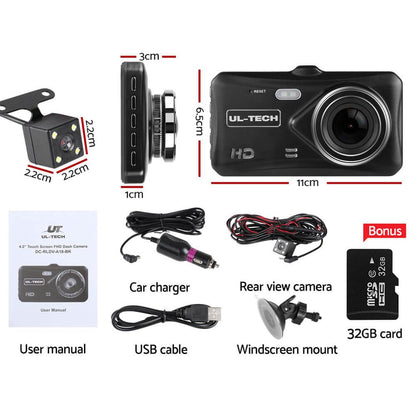 Dual Lens Car Dash Camera System Front And Back - Black