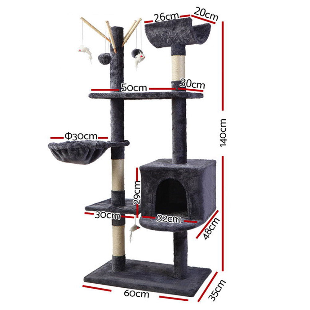 140cm Cat Tower Scratching Post Scratcher Tree -  Grey