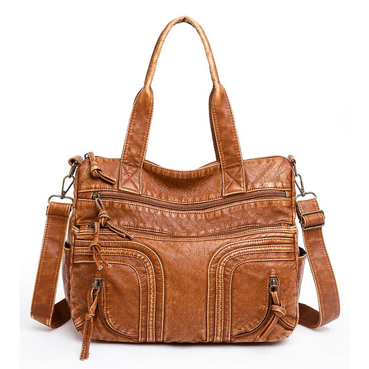 Multi-Pocket Faux Leather Tote Shoulder Bag - Brown