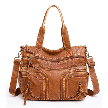 Multi-Pocket Tote Shoulder Bag Faux Leather - Brown