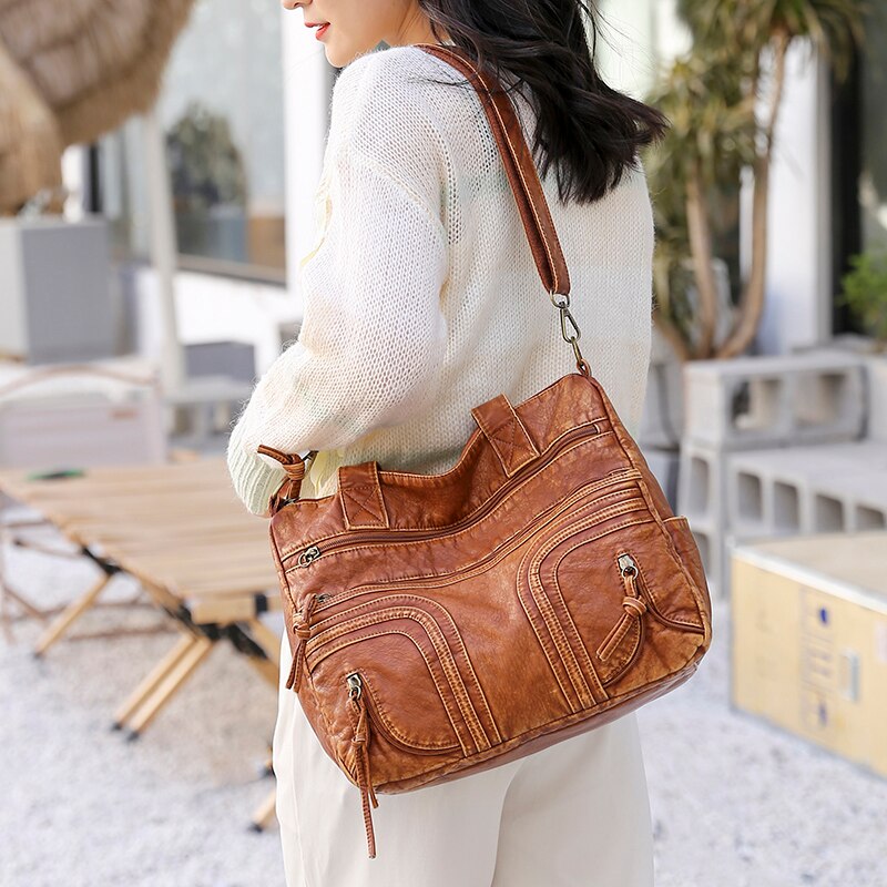 Multi-Pocket Tote Shoulder Bag Faux Leather - Brown