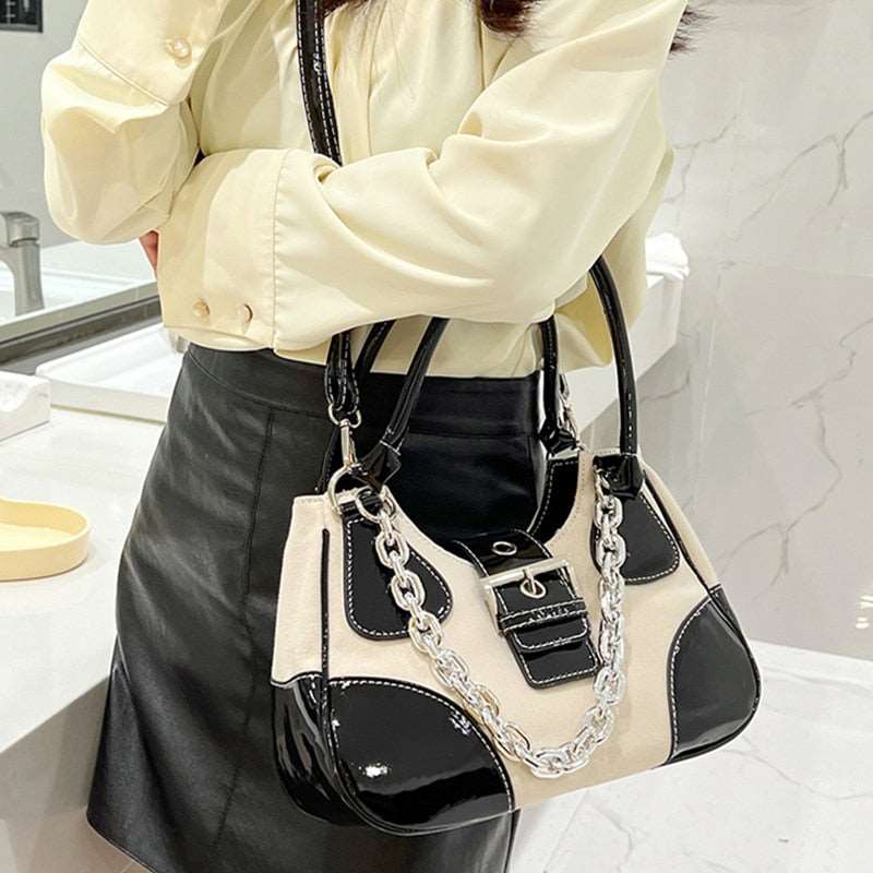 Canvas Leather Chain Crossbody Tote Bag