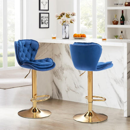 Velvet Bar Stools Set of 2 Counter Height with Back Support - Navy Blue