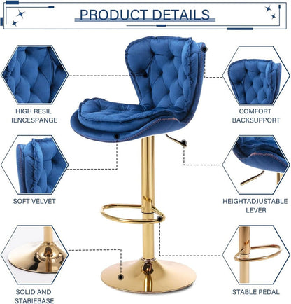 Velvet Bar Stools Set of 2 Counter Height with Back Support - Navy Blue