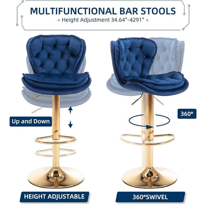 Velvet Bar Stools Set of 2 Counter Height with Back Support - Navy Blue
