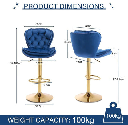 Velvet Bar Stools Set of 2 Counter Height with Back Support - Navy Blue